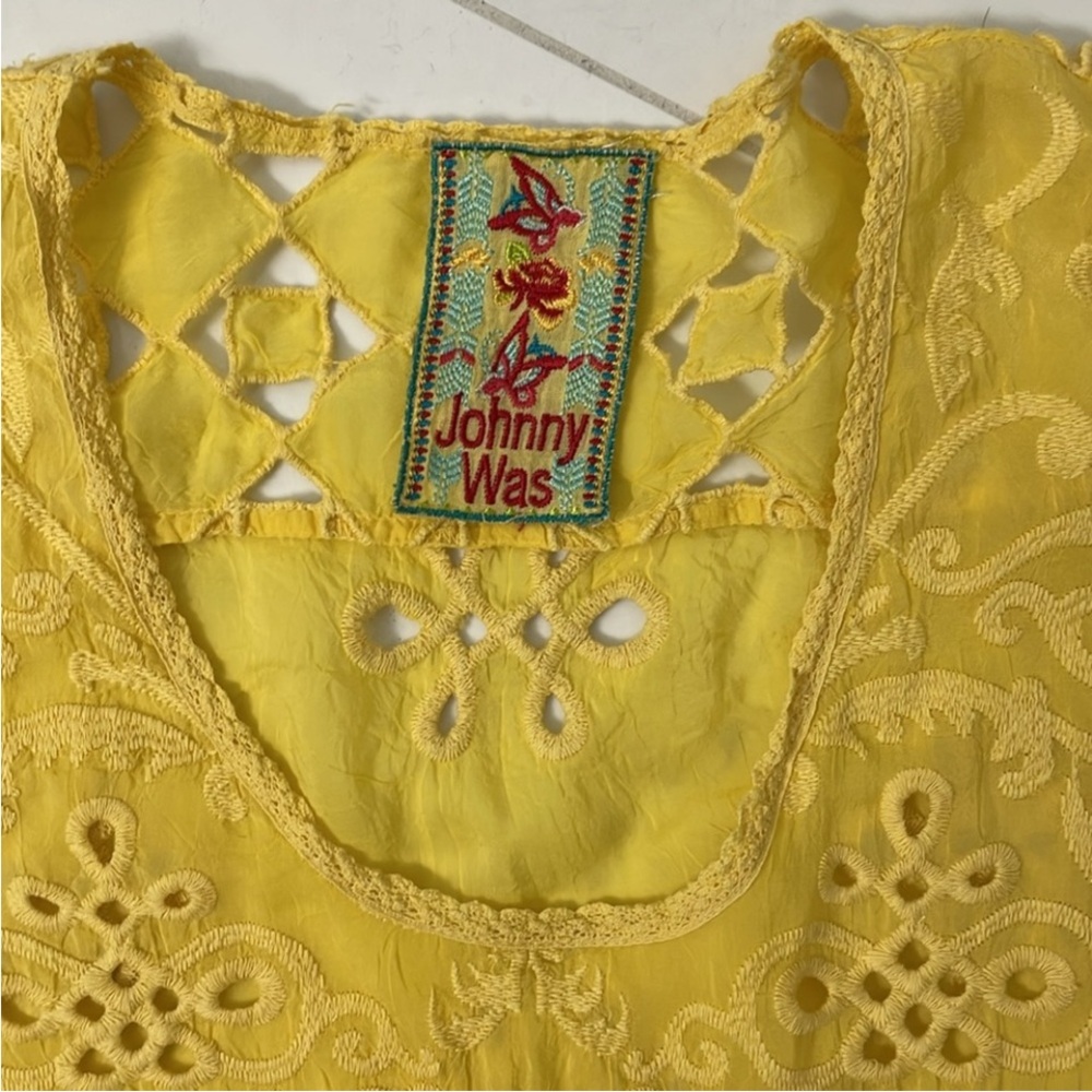 Johnny Was muted custard yellow silk top size L like new - Picture 10 of 11